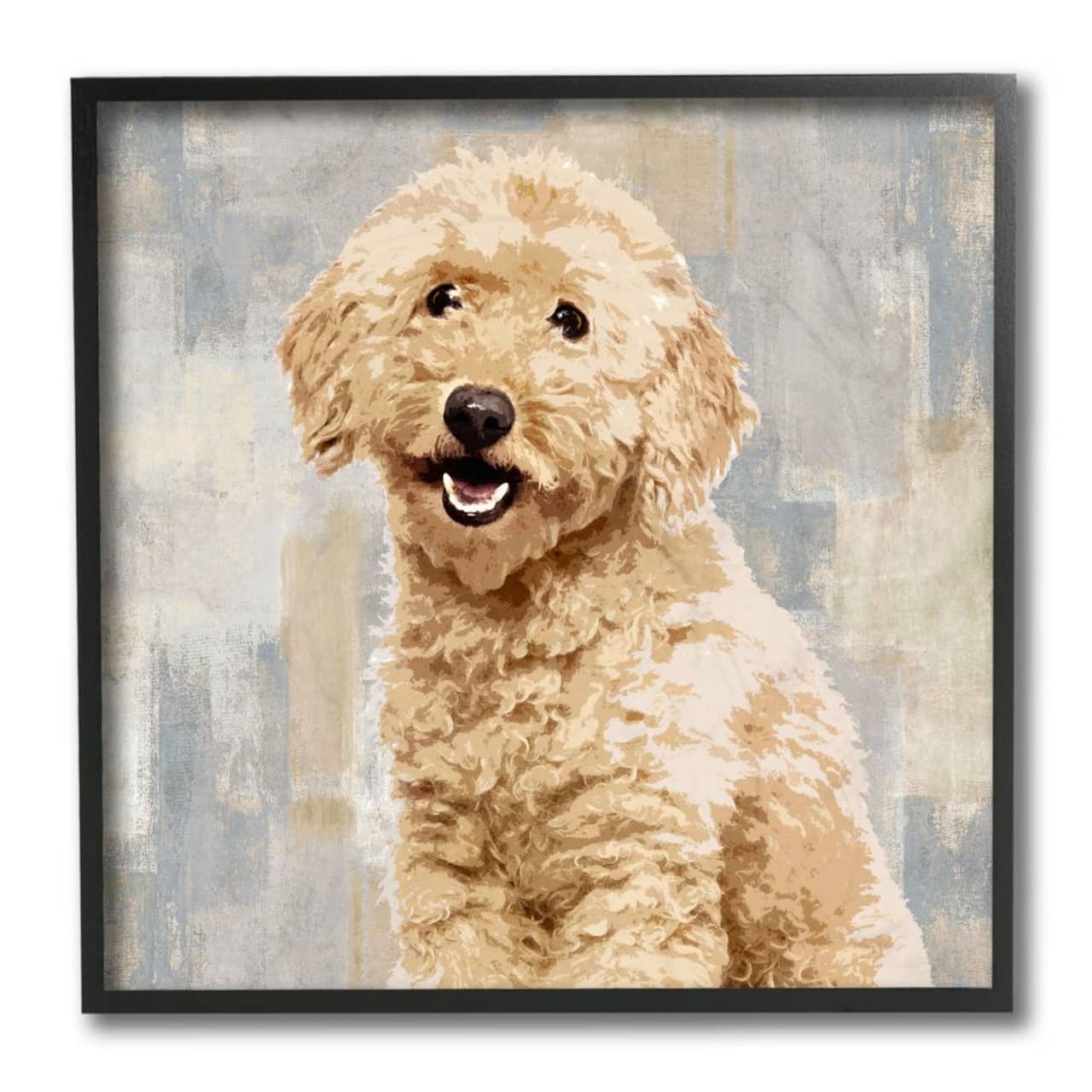 Stupell Industries Smiling Labradoodle Dog Patchwork Grey Beige Pattern Framed Wall Art